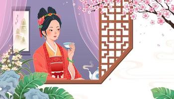 ancien chinois fille séance par le fenêtre et profiter une tasse de chaud thé, concept de relaxant et en bonne santé mode de vie dans plat conception vecteur