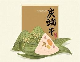 Facile affiche de savoureux gluant riz boulette dans plat style, chinois traduction, célébrer le dragon bateau Festival vecteur