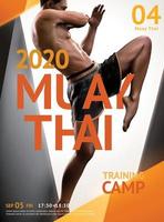 muay thaïlandais formation camp affiche conception avec géométrique cadre, réaliste 3d illustration homme Faire en volant le genou vecteur