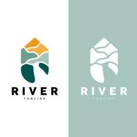 rivière logo, banderole vecteur, rivière banque, montagnes et ferme conception, illustration symbole icône vecteur