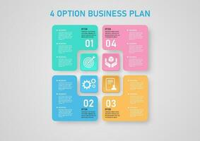 infographie 4 les options affaires Planification pastel coloré carrés magnifique simplicité là sont divers personnages et Icônes. sur une gris pente Contexte pour commercialisation, finance, investissement, croissance. vecteur