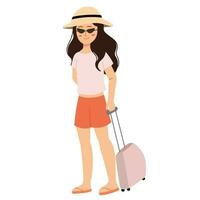 femme apporter bagage après en voyageant et vacances avec des lunettes de soleil plage chapeau illustration vecteur