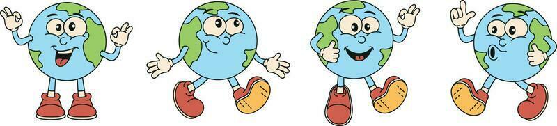 personnage dessin animé rétro planète Terre. le concept de Terre journée et enregistrer le planète. environnement. mouvement d'horlogerie illustration dans le style de le années 70. vecteur illustration.