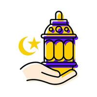 main donnant lanterne lampion islamique icône bouton vecteur illustration