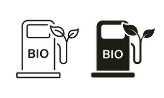 bio énergie station ligne et silhouette icône ensemble. écologie diesel gare. biologique pétrole dans de l'essence pompe symbole sur blanc Contexte. Naturel biocarburant alternative gaz. isolé vecteur illustration.