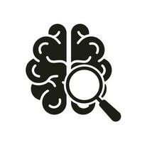 Humain esprit recherche solide pictogramme. cerveau avec loupe noir silhouette icône. neurologie science exploration glyphe symbole sur blanc Contexte. isolé vecteur illustration.