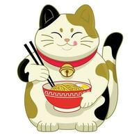 mignonne dessin animé du japon chat en mangeant ramen nouille vecteur