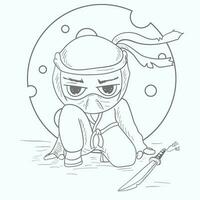 une chibi homme dans une ninja espion costume est assis suivant à une épée contour vecteur illustration dans le style de une griffonnage