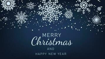 joyeux Noël et content Nouveau année texte sur foncé bleu Contexte avec papier flocons de neige vecteur