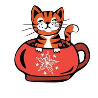mignonne dessin animé tigre ou chat est séance dans une tasse de café vecteur