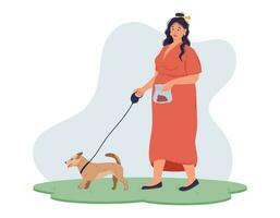 nettoyer en haut après votre animal de compagnie concept. Jeune en surpoids femme en marchant sa chien sur une laisse sur le herbe et en portant excrément dans une Plastique sac. vecteur plat illustration.