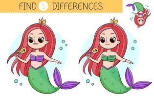trouver cinq différences est un éducatif Jeu pour des gamins avec sirène. mignonne dessin animé Sirène avec poisson. vecteur illustration.