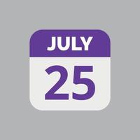 icône de la date du calendrier du 25 juillet vecteur