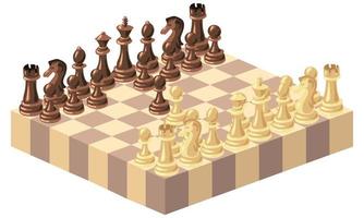 échecs se déplace avec un isométrique arrangement de pièces sur une en bois échiquier. une stratégique des sports jeu, le premier déplacer. vecteur illustration. échecs dessin animé, échecs planche. en bois échecs. à carreaux planche