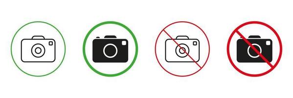 photo caméra zone rouge et vert avertissement panneaux. endroit pour caméra Capturer ligne et silhouette Icônes ensemble. permis et interdit la photographie zone pictogramme. isolé vecteur illustration.