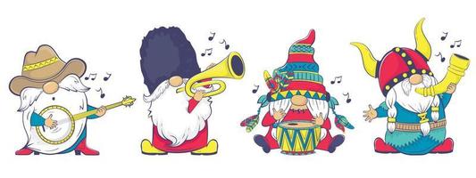 le international gnome bande clipart. musical gnomes dans nationale costumes vecteur