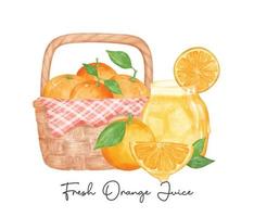 ensemble de Frais fait maison Orange jus verre et fruit dans panier aquarelle illustration vecteur isolé sur blanc Contexte.