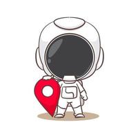 mignonne astronaute en portant épingle emplacement dessin animé personnage. espace concept conception. main tiré plat adorable chibi vecteur illustration. isolé blanc Contexte