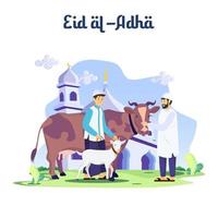 content musulman famille fête eid Al adha mubarak avec une chèvre. plat vecteur modèle illustration