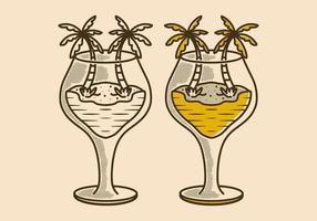 ancien illustration conception de plage vue dans du vin verre forme vecteur