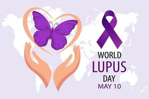 monde lupus jour, dix peut. bannière avec une violet ruban et une papillon dans le mains. médical affiche, vecteur