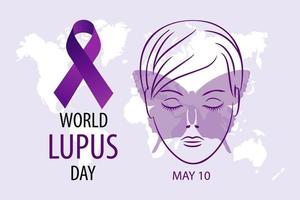 monde lupus jour, mai dix, bannière. femme visage avec papillon et violet ruban. médical affiche, vecteur