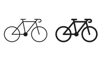 bicyclette pour sport ligne et silhouette noir icône ensemble. Montagne vélo pictogramme. route bicyclette contour et solide symbole collection sur blanc Contexte. en bonne santé Extérieur conduire. isolé vecteur illustration.
