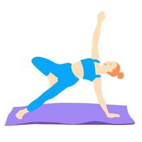 formation dans yoga pose de rad cheveux européen fille dans bleu survêtement sur une violet tapis. pilates, sport, santé. femme, dame, femme. vecteur illustration dans dessin animé plat style isolé sur blanc Contexte.