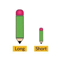 énorme et minuscule des crayons illustration avec typographie. court et longue antonymes mot carte plat vecteur modèle. carte flash pour Anglais Langue apprentissage. gros et petit contraires concept.