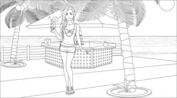 printemps Pause coloration page avec femelle personnage sur une plage bar Contexte. vecteur illustration