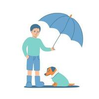Jeune garçon dans caoutchoucs en portant parapluie en dessous de chien dans manteau. enfant protéger chiot de pluie. relation amicale et prendre se soucier concept. des gamins éducation. plat vecteur illustration.