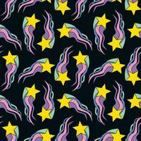 1970 disco hippie sensationnel tournage étoiles sur sombre. chute étoiles avec arc en ciel ondulé queue griffonnage sans couture modèle. parfait pour couverture y2k rétro fête textile fond d'écran en tissu affiches. vecteur illustration.