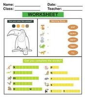 les enfants feuille de travail avec animal thème. éducatif activité feuille pour préscolaire enfants. coloration, correspondant à et écrire animal des noms. vecteur illustration.