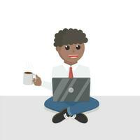 homme d'affaire africain travail par portable avec café conception personnage sur blanc Contexte vecteur