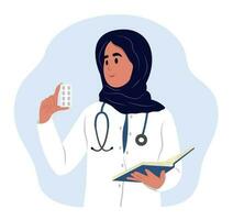 médecin musulman femme avec médicament. une femelle médecin écrit une ordonnance. vecteur