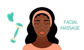 faciale massage avec rouleau et gua sha. vecteur illustration. outils pour anti-âge visage massage. beauté et jeunesse. infographie avec magnifique africain américain femme et à pois flèches