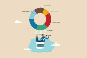 affaires tarte graphique prévision, prédiction ou plan, investissement atout allocation, commercialisation diagramme ou statistiques données, recherche concept, homme d'affaire Regardez par télescope sur tarte graphique diagramme ballon. vecteur