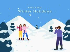 avoir une agréable hiver vacances concept avec dessin animé Masculin prise photo de deux Jeune les filles et Noël arbre sur neigeux Montagne bleu Contexte. vecteur