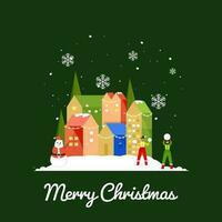 joyeux Noël concept avec Résidentiel bâtiments, bonhomme de neige porter Père Noël costume et sans visage adolescent les filles en portant boules de neige sur vert Contexte. vecteur