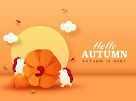 Bonjour l'automne Police de caractère avec dessin animé hérisson en portant citrouilles, des nuages et tomber feuilles sur Orange Contexte. vecteur