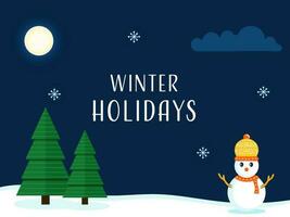 hiver vacances affiche conception avec mignonne bonhomme de neige, papier Noël arbre, flocons de neige sur plein lune bleu et blanc Contexte. vecteur