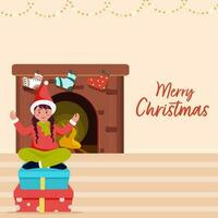 illustration de mignonne Jeune fille séance sur cadeau des boites et arqué cheminée contre pastel pêche Contexte pour joyeux Noël concept. vecteur
