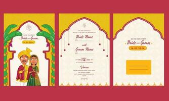 mariage invitation carte modèles avec Indien couple salutation namaste, enveloppe illustration dans blanc et Jaune couleur. vecteur