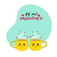 être mon la Saint-Valentin Police de caractère avec couple de smiley chaud thé tasse, en volant minuscule cœurs sur turquoise et blanc Contexte. vecteur