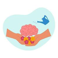 Humain mains en portant croissance fleurs et cerveau arrosage comme un acte de soins pour notre mental santé ou l'eau psychologie concept. vecteur