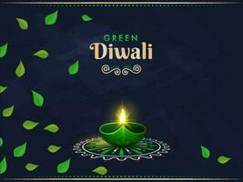 vert diwali concept avec illuminé pétrole lampe plus de rangoli et feuilles décoré sur bleu texture Contexte. vecteur