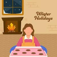 hiver vacances affiche conception avec sans visage femelle boulanger en présentant biscuits plateau et cheminée cambre contre Contexte. vecteur