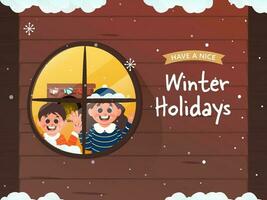 content hiver vacances affiche conception avec de bonne humeur des gamins à la recherche à l'extérieur de fenêtre et neige chute sur Bordeaux en bois Contexte. vecteur