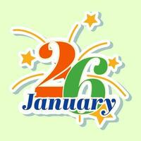 26 Janvier, république journée autocollant avec feu d'artifice plat style contre sur lumière vert Contexte. vecteur