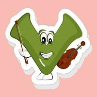 autocollant style vert v alphabet dessin animé personnage en jouant violon sur rose Contexte. vecteur